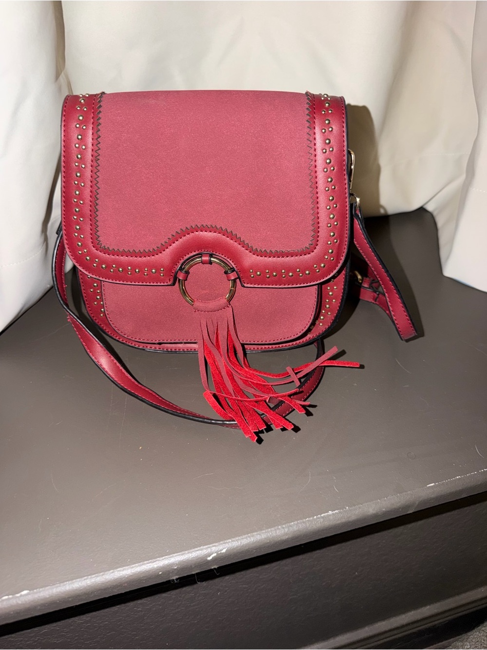 Red Tassel Studded Crossbody Bag